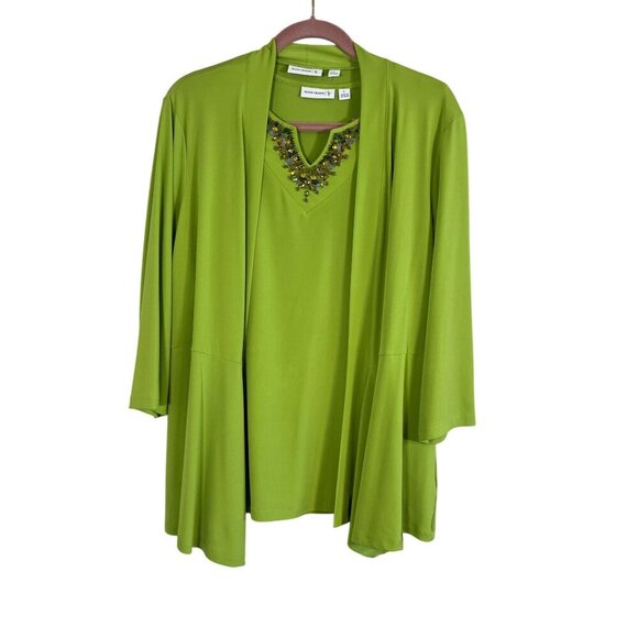 Susan Graver Liquid Knit Beaded Cardigan L Green Jeweled Resort Artsy Old Money - Picture 1 of 15